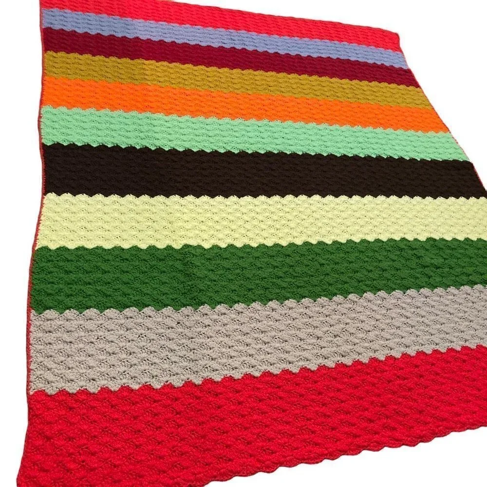 Vintage Crocheted Granny Blanket Multicolored Large Stripes Shell Pattern 64 x 7